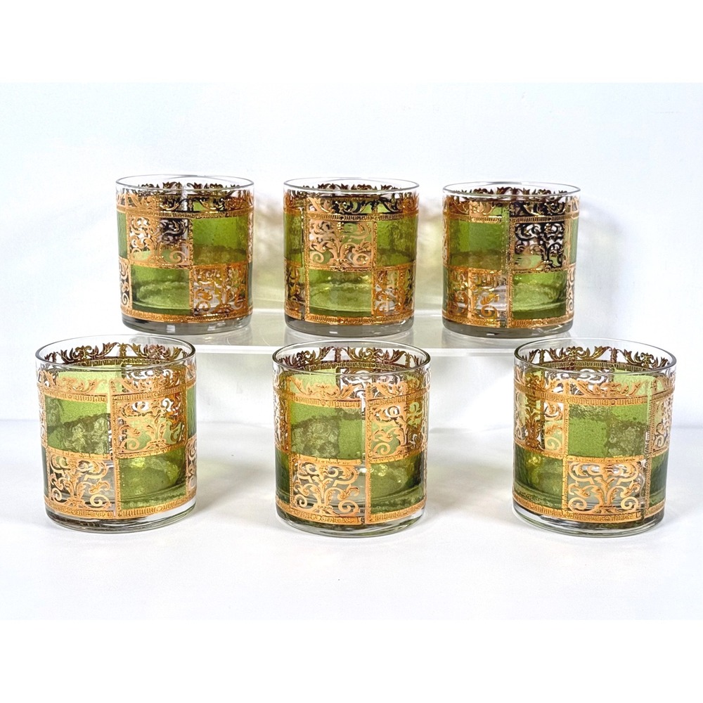 Set of 6 Culver Prado Green 22K Gold Filigree Lowball Rocks Glasses